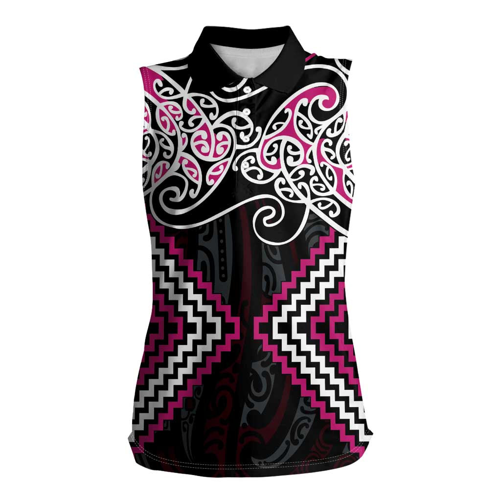 Pink Aotearoa Tukutuku Manawa Tapu Women Sleeveless Polo Shirt Ta Moko Toi Maori