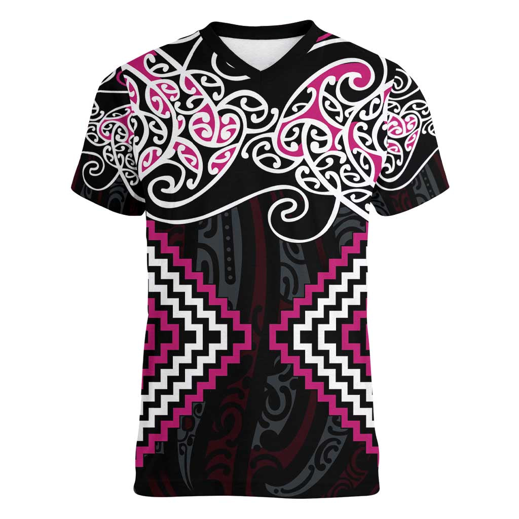 Pink Aotearoa Tukutuku Manawa Tapu Women V-Neck T-Shirt Ta Moko Toi Maori LT9 Female Pink - Polynesian Pride