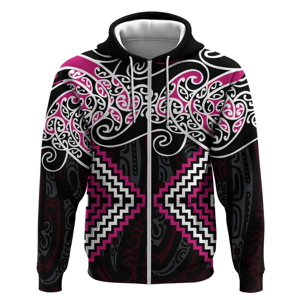 Pink Aotearoa Tukutuku Manawa Tapu Zip Hoodie Ta Moko Toi Maori LT9 Zip Hoodie Pink - Polynesian Pride