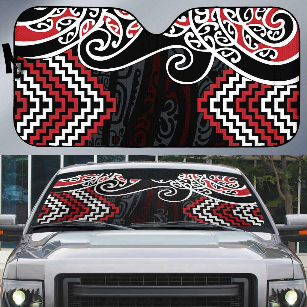 Red Aotearoa Tukutuku Manawa Tapu Auto Sun Shade Ta Moko Toi Maori LT9 Red - Polynesian Pride