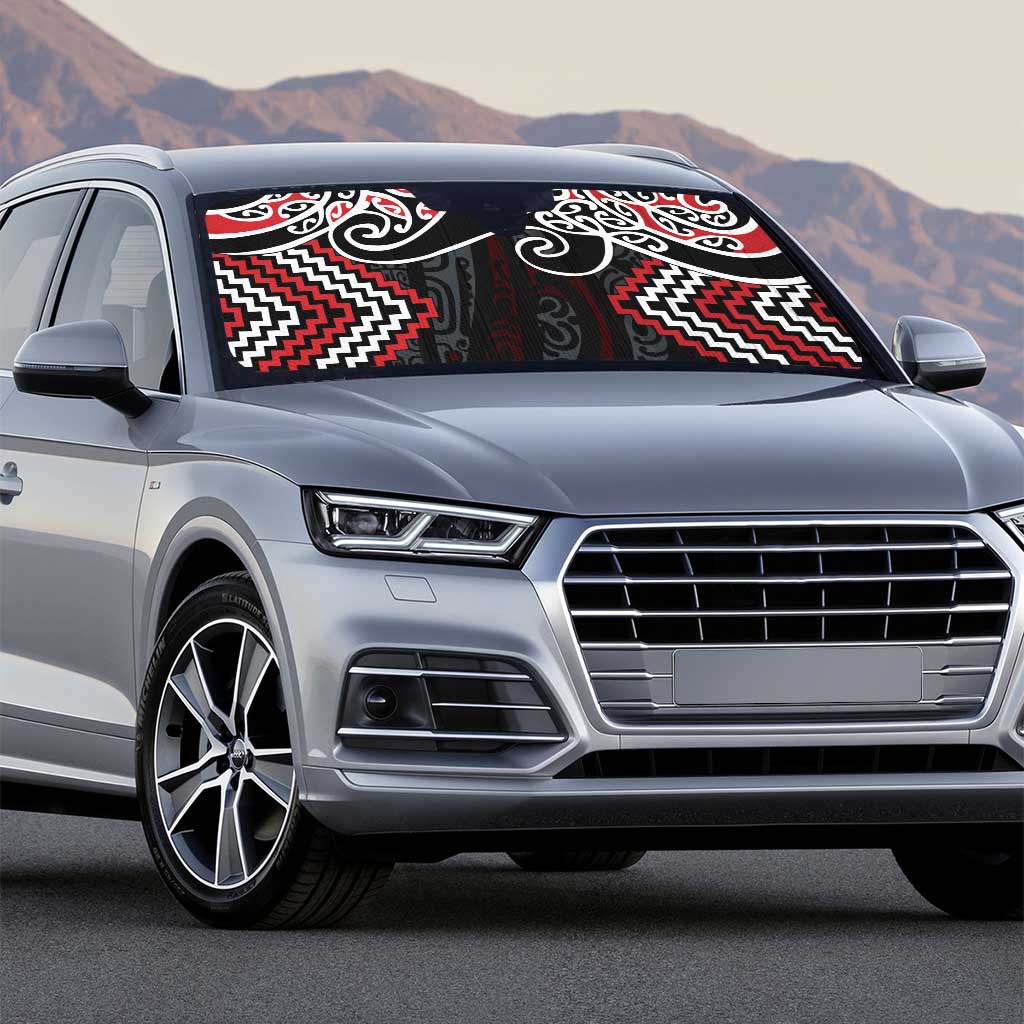 Red Aotearoa Tukutuku Manawa Tapu Auto Sun Shade Ta Moko Toi Maori LT9 - Polynesian Pride