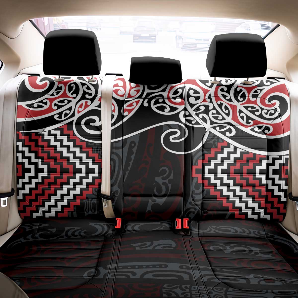 Red Aotearoa Tukutuku Manawa Tapu Back Car Seat Cover Ta Moko Toi Maori