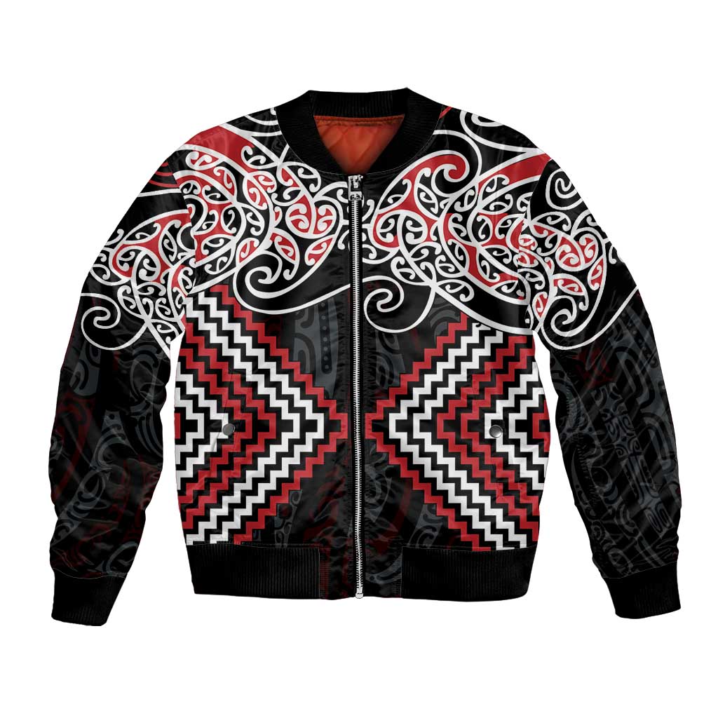 Red Aotearoa Tukutuku Manawa Tapu Bomber Jacket Ta Moko Toi Maori LT9 Unisex Red - Polynesian Pride