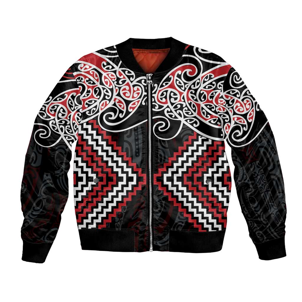 Red Aotearoa Tukutuku Manawa Tapu Bomber Jacket Ta Moko Toi Maori