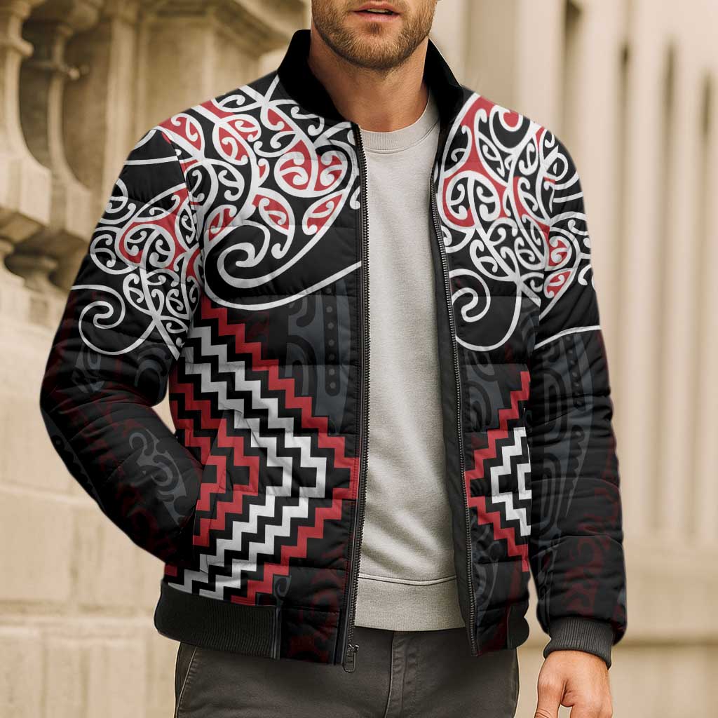 Red Aotearoa Tukutuku Manawa Tapu Bomber Puffer Jacket Ta Moko Toi Maori - Polynesian Pride