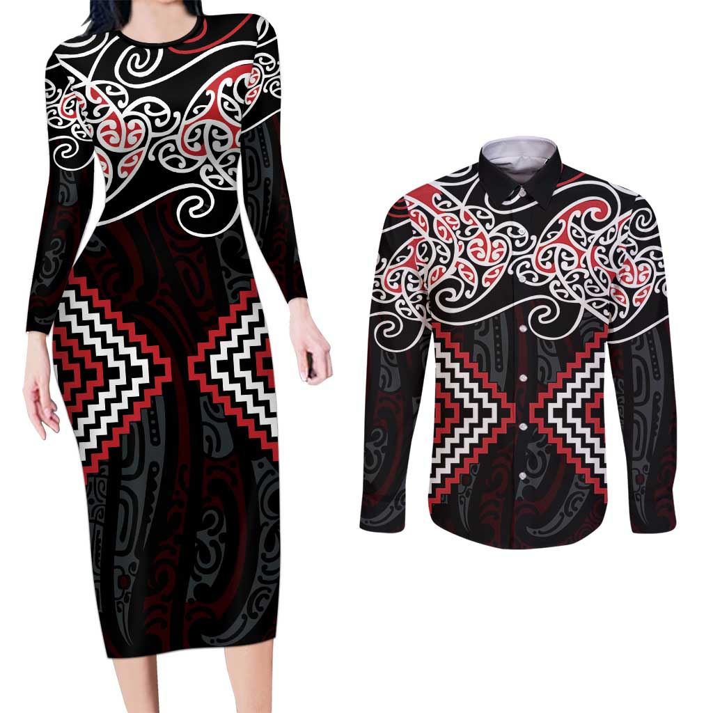 Red Aotearoa Tukutuku Manawa Tapu Couples Matching Long Sleeve Bodycon Dress and Long Sleeve Button Shirt Ta Moko Toi Maori