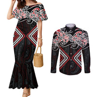 Red Aotearoa Tukutuku Manawa Tapu Couples Matching Mermaid Dress and Long Sleeve Button Shirt Ta Moko Toi Maori LT9 Red - Polynesian Pride