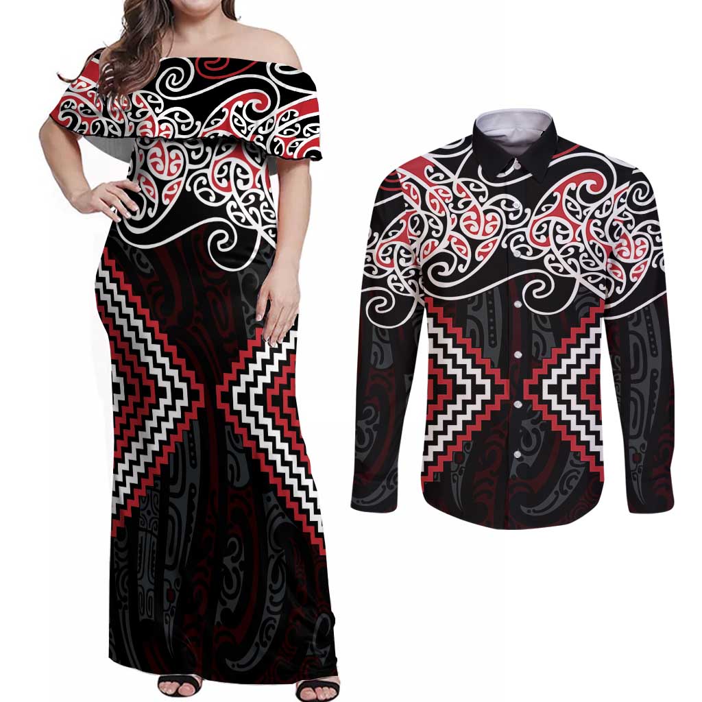 Red Aotearoa Tukutuku Manawa Tapu Couples Matching Off Shoulder Maxi Dress and Long Sleeve Button Shirt Ta Moko Toi Maori