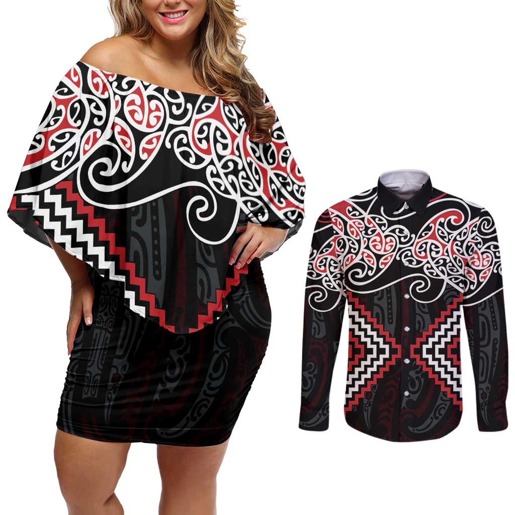 Red Aotearoa Tukutuku Manawa Tapu Couples Matching Off Shoulder Short Dress and Long Sleeve Button Shirt Ta Moko Toi Maori