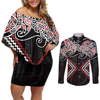 Red Aotearoa Tukutuku Manawa Tapu Couples Matching Off Shoulder Short Dress and Long Sleeve Button Shirt Ta Moko Toi Maori LT9 Red - Polynesian Pride