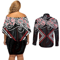 Red Aotearoa Tukutuku Manawa Tapu Couples Matching Off Shoulder Short Dress and Long Sleeve Button Shirt Ta Moko Toi Maori LT9 - Polynesian Pride