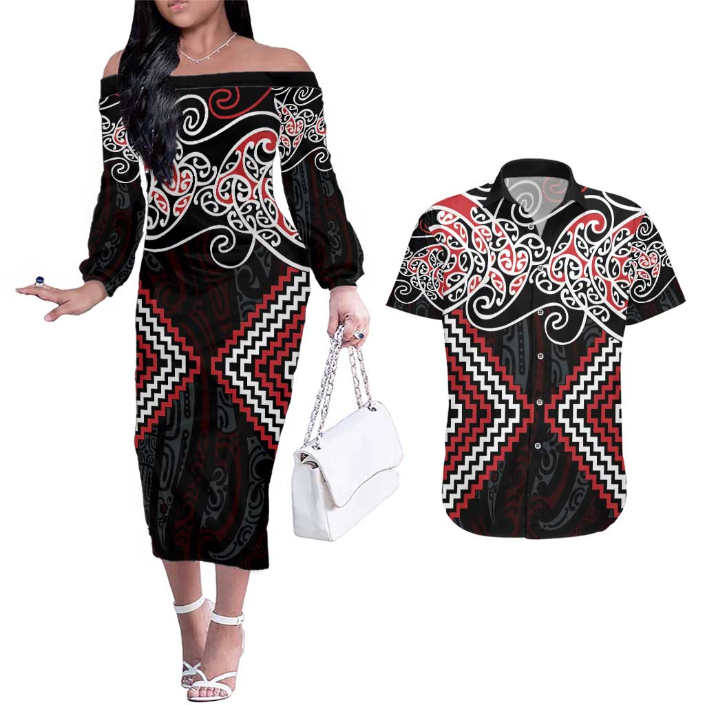 Red Aotearoa Tukutuku Manawa Tapu Couples Matching Off The Shoulder Long Sleeve Dress and Hawaiian Shirt Ta Moko Toi Maori