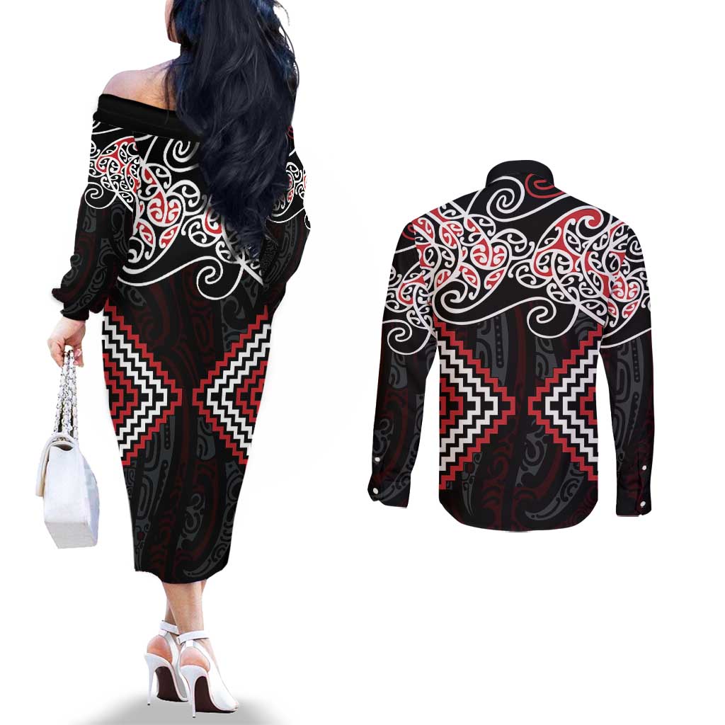 Red Aotearoa Tukutuku Manawa Tapu Couples Matching Off The Shoulder Long Sleeve Dress and Long Sleeve Button Shirt Ta Moko Toi Maori LT9 - Polynesian Pride