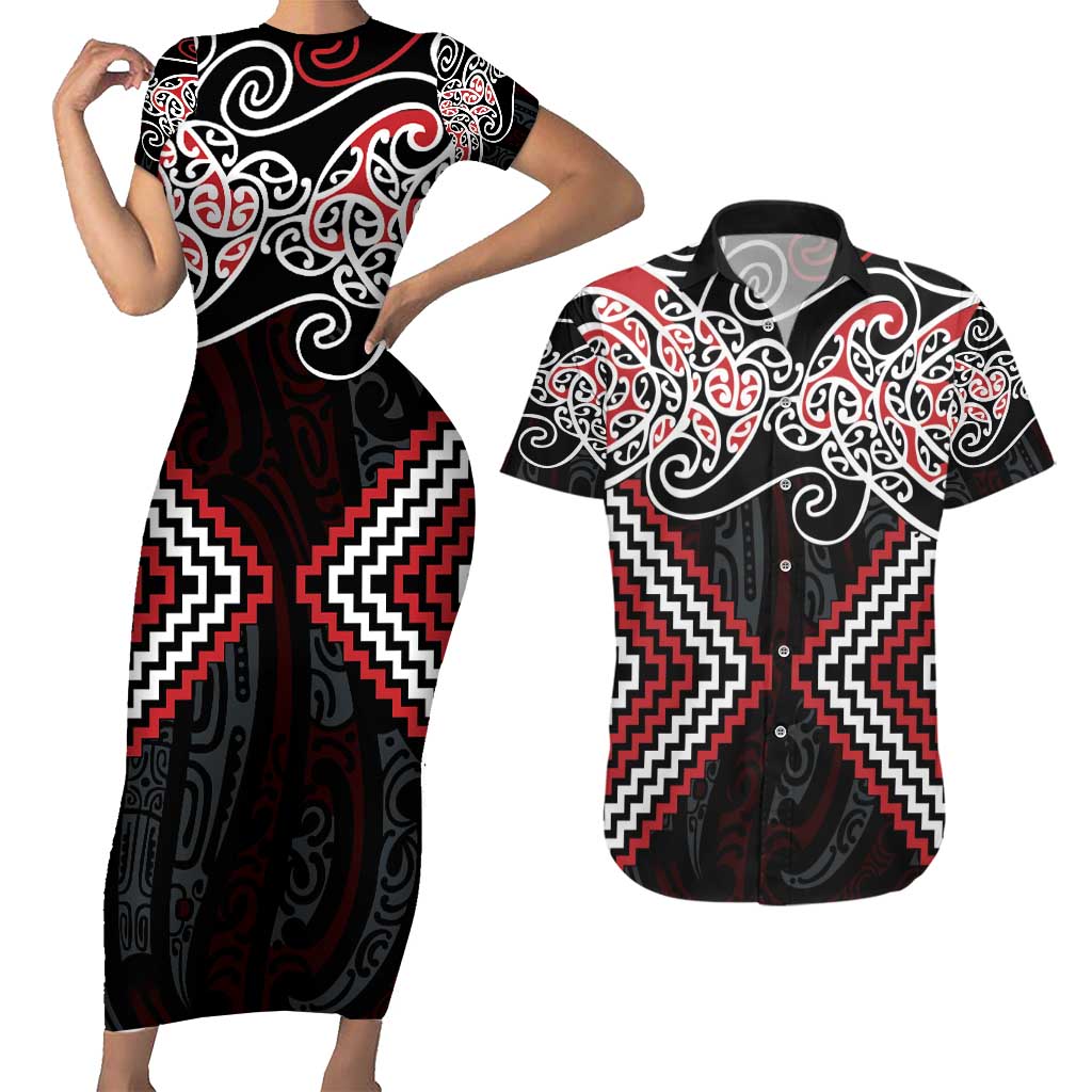 Red Aotearoa Tukutuku Manawa Tapu Couples Matching Short Sleeve Bodycon Dress and Hawaiian Shirt Ta Moko Toi Maori