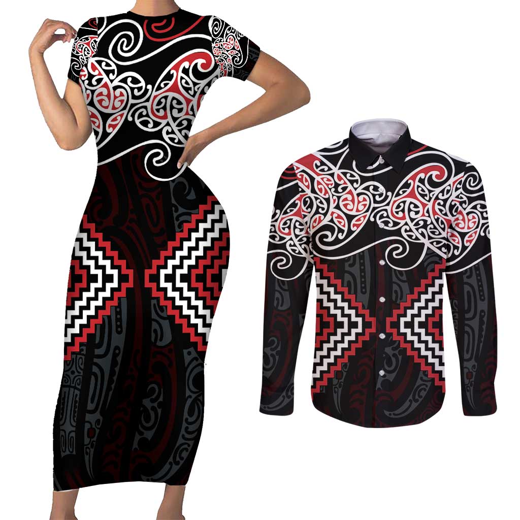 Red Aotearoa Tukutuku Manawa Tapu Couples Matching Short Sleeve Bodycon Dress and Long Sleeve Button Shirt Ta Moko Toi Maori