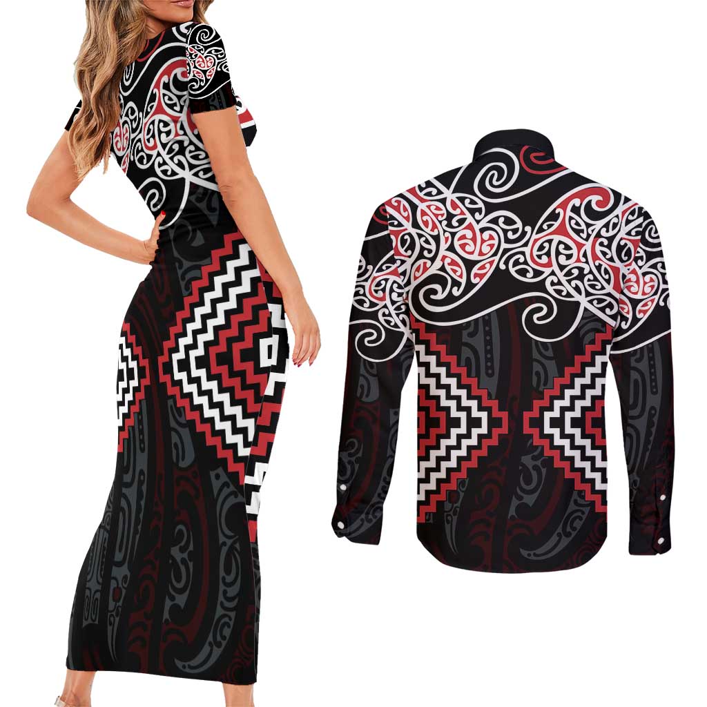 Red Aotearoa Tukutuku Manawa Tapu Couples Matching Short Sleeve Bodycon Dress and Long Sleeve Button Shirt Ta Moko Toi Maori LT9 - Polynesian Pride