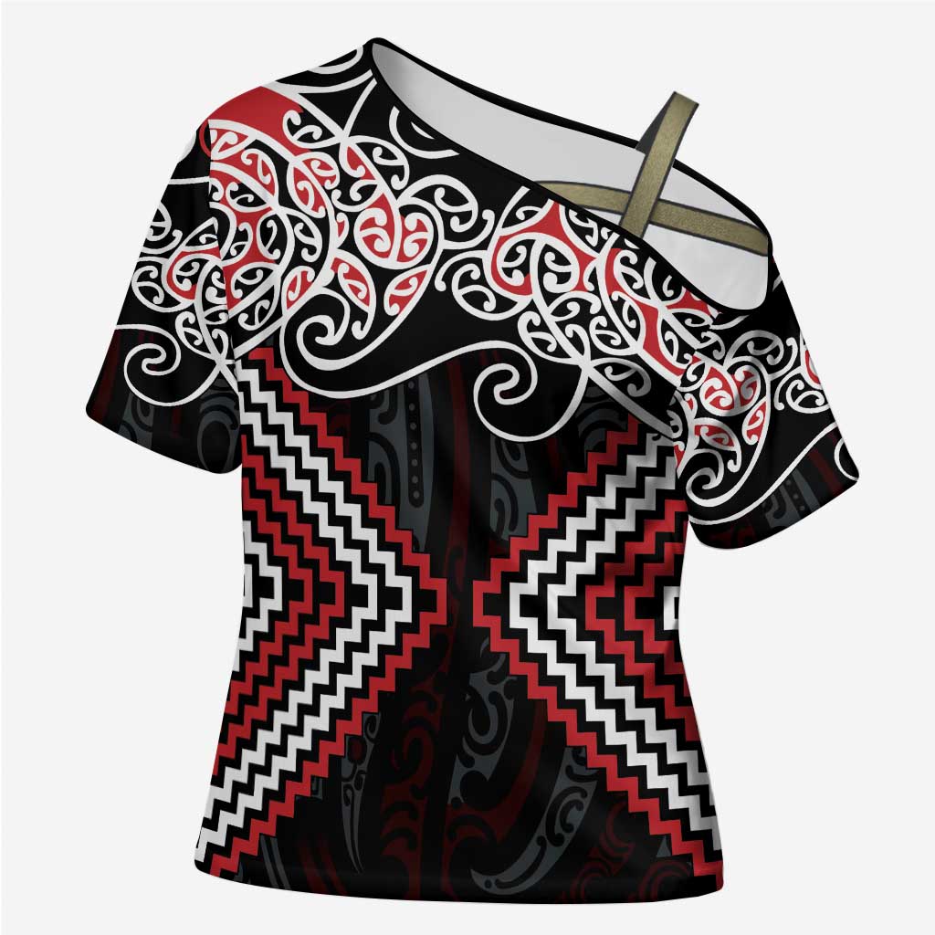 Red Aotearoa Tukutuku Manawa Tapu Cross Shoulder Shirt Ta Moko Toi Maori - Polynesian Pride