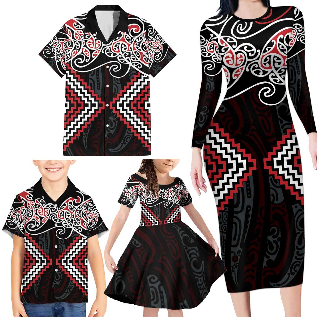 Red Aotearoa Tukutuku Manawa Tapu Family Matching Long Sleeve Bodycon Dress and Hawaiian Shirt Ta Moko Toi Maori