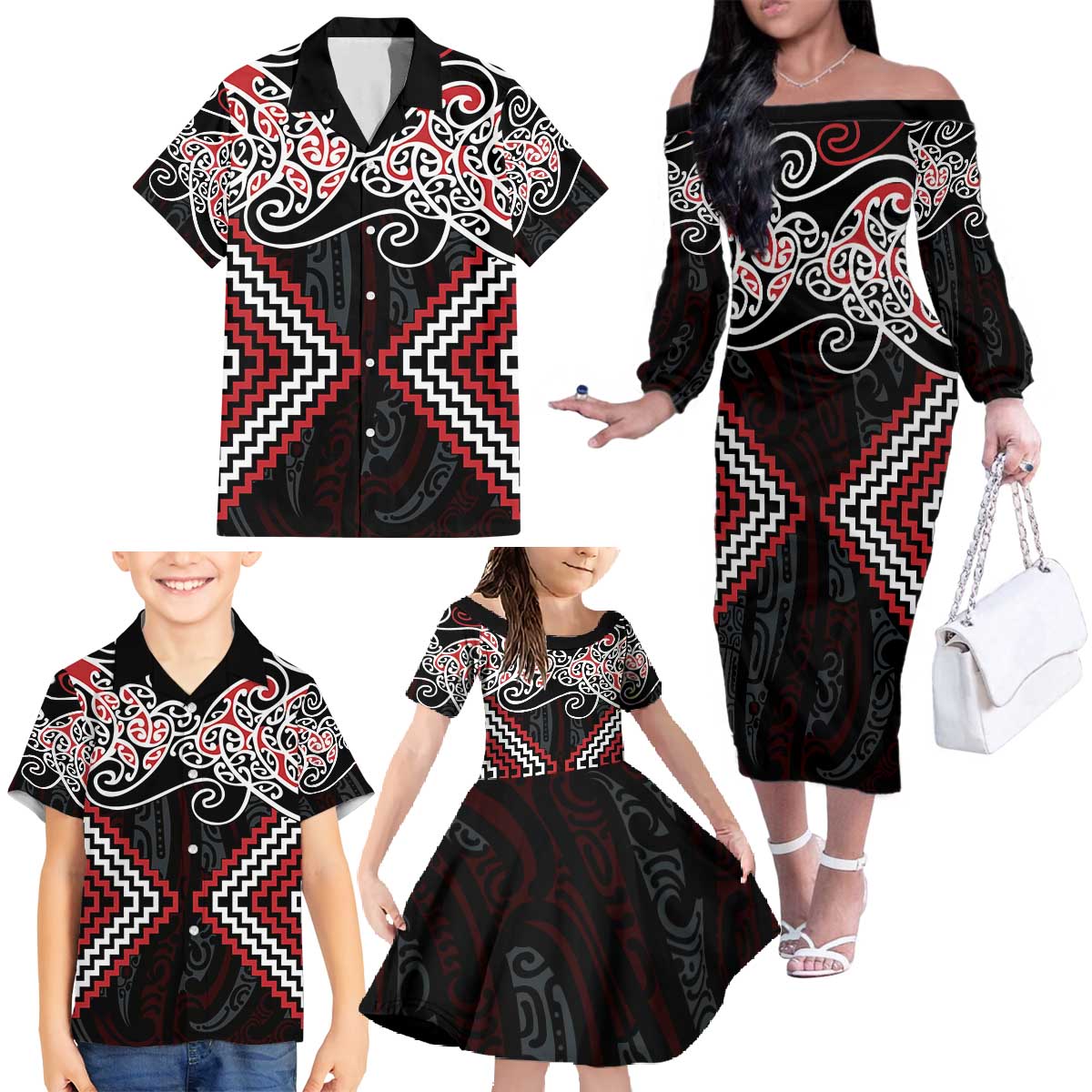 Red Aotearoa Tukutuku Manawa Tapu Family Matching Off The Shoulder Long Sleeve Dress and Hawaiian Shirt Ta Moko Toi Maori