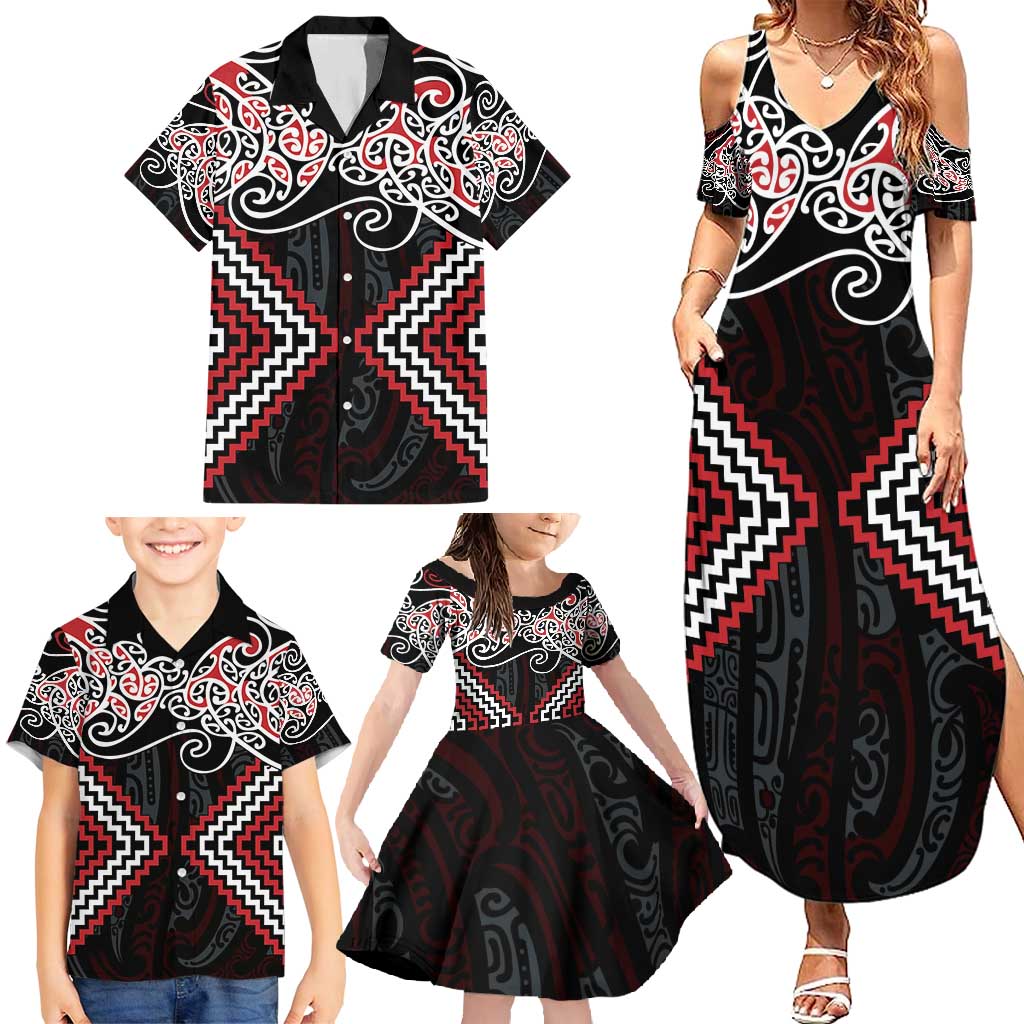 Red Aotearoa Tukutuku Manawa Tapu Family Matching Summer Maxi Dress and Hawaiian Shirt Ta Moko Toi Maori