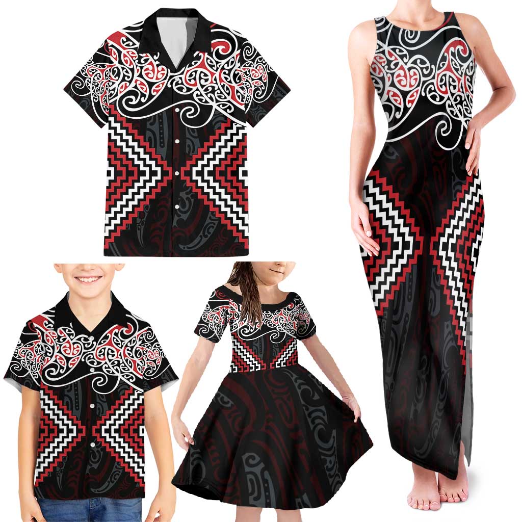 Red Aotearoa Tukutuku Manawa Tapu Family Matching Tank Maxi Dress and Hawaiian Shirt Ta Moko Toi Maori