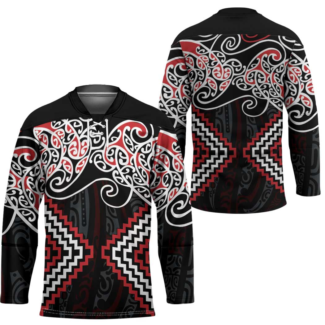 Red Aotearoa Tukutuku Manawa Tapu Hockey Jersey Ta Moko Toi Maori - Polynesian Pride