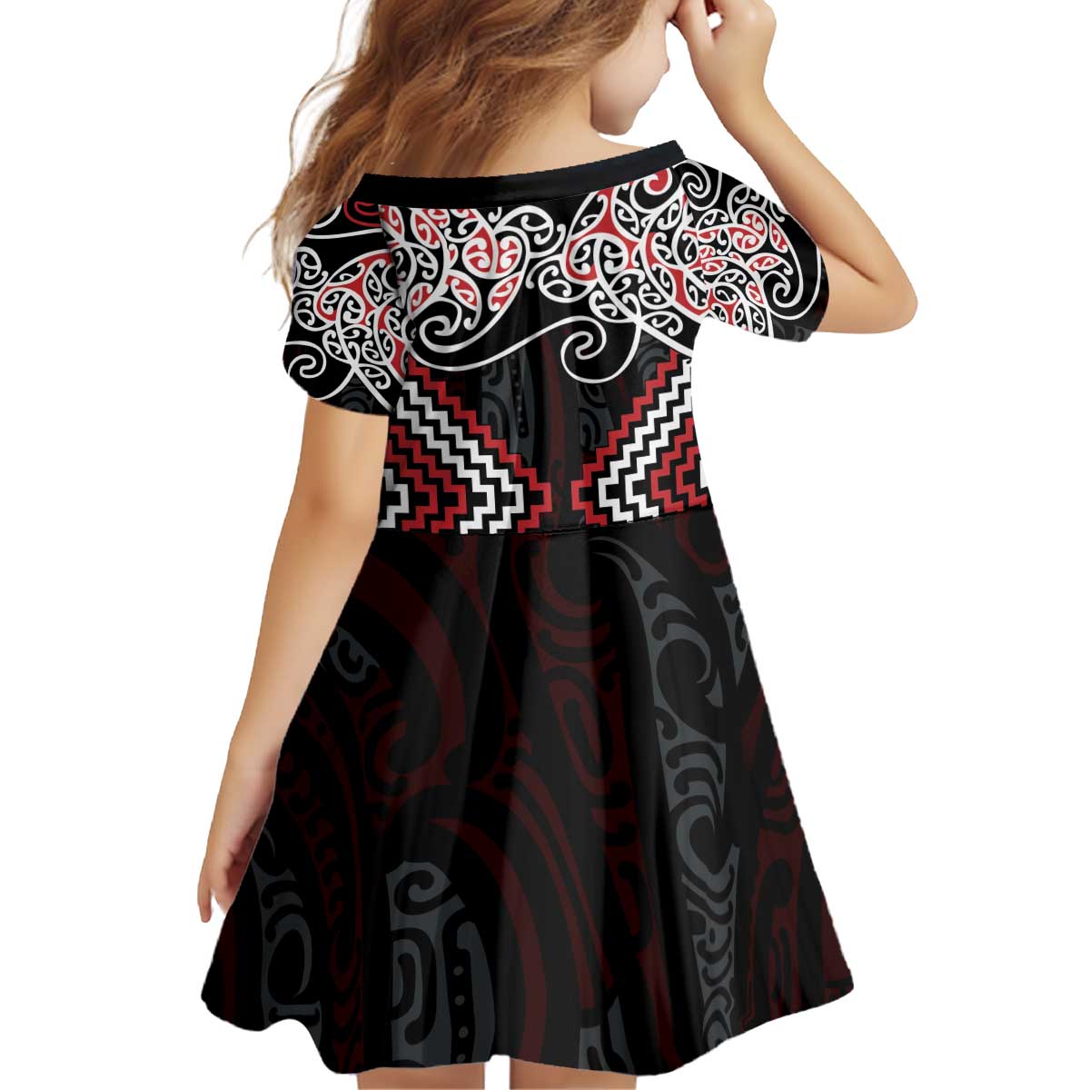 Red Aotearoa Tukutuku Manawa Tapu Kid Short Sleeve Dress Ta Moko Toi Maori