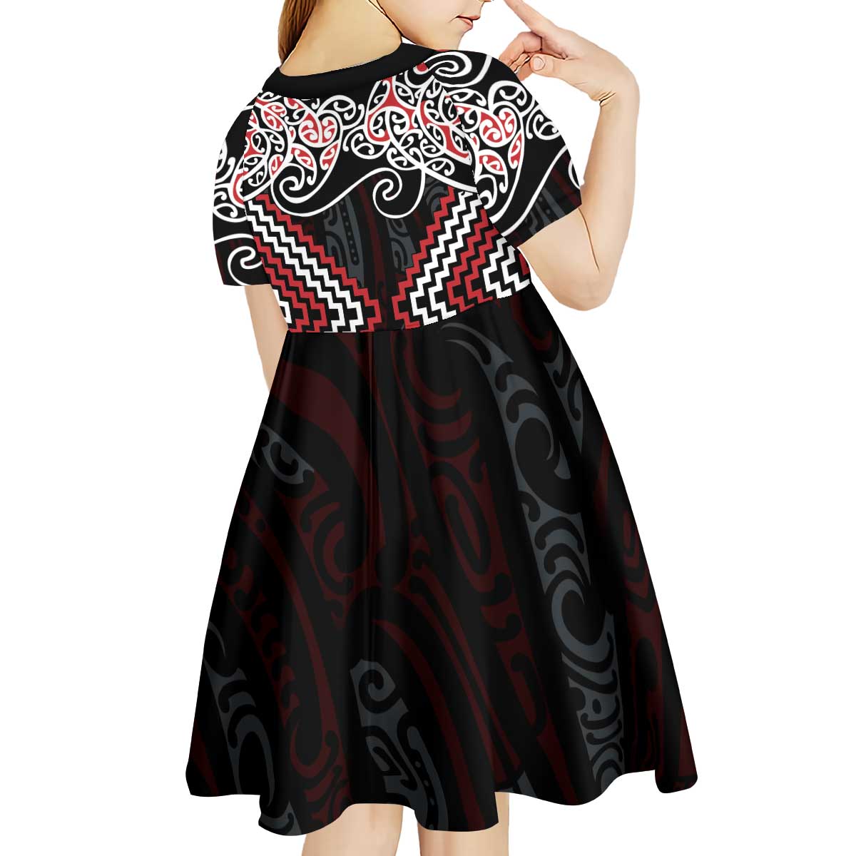 Red Aotearoa Tukutuku Manawa Tapu Kid Short Sleeve Dress Ta Moko Toi Maori