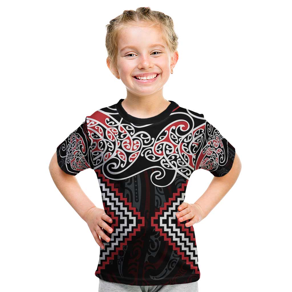 Red Aotearoa Tukutuku Manawa Tapu Kid T Shirt Ta Moko Toi Maori