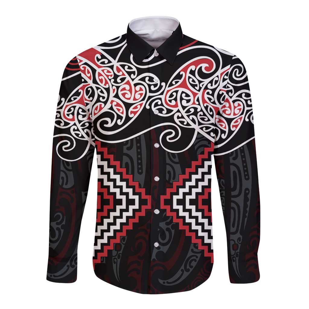 Red Aotearoa Tukutuku Manawa Tapu Long Sleeve Button Shirt Ta Moko Toi Maori