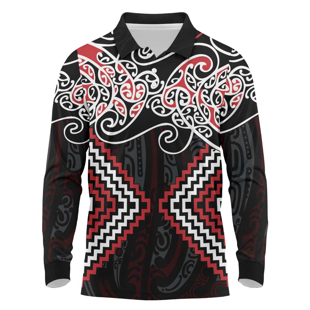 Red Aotearoa Tukutuku Manawa Tapu Long Sleeve Polo Shirt Ta Moko Toi Maori