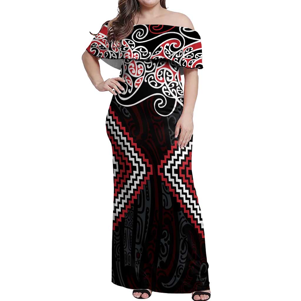 Red Aotearoa Tukutuku Manawa Tapu Off Shoulder Maxi Dress Ta Moko Toi Maori