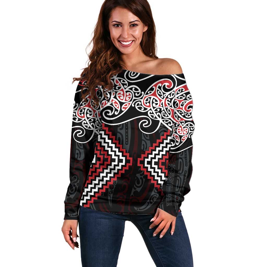 Red Aotearoa Tukutuku Manawa Tapu Off Shoulder Sweater Ta Moko Toi Maori