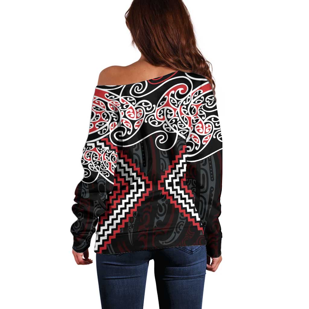 Red Aotearoa Tukutuku Manawa Tapu Off Shoulder Sweater Ta Moko Toi Maori