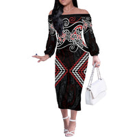 Red Aotearoa Tukutuku Manawa Tapu Off The Shoulder Long Sleeve Dress Ta Moko Toi Maori LT9 Women Red - Polynesian Pride