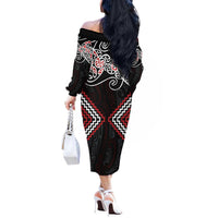 Red Aotearoa Tukutuku Manawa Tapu Off The Shoulder Long Sleeve Dress Ta Moko Toi Maori LT9 - Polynesian Pride