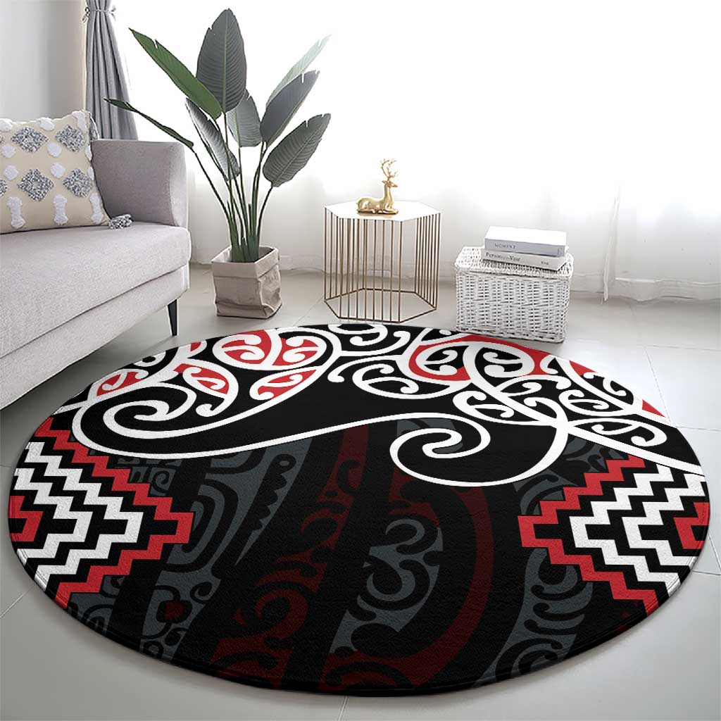 Red Aotearoa Tukutuku Manawa Tapu Round Carpet Ta Moko Toi Maori