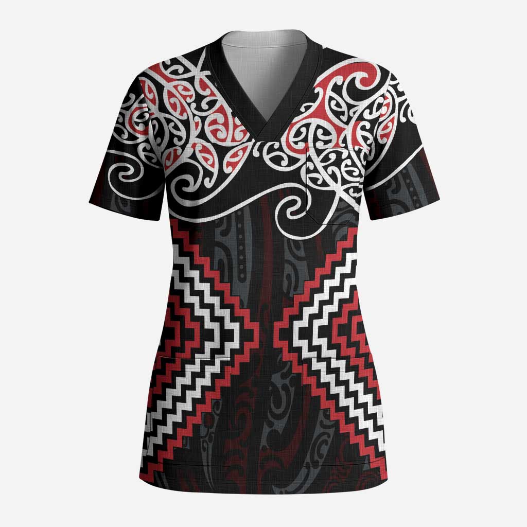 Red Aotearoa Tukutuku Manawa Tapu Scrub Top Ta Moko Toi Maori - Polynesian Pride