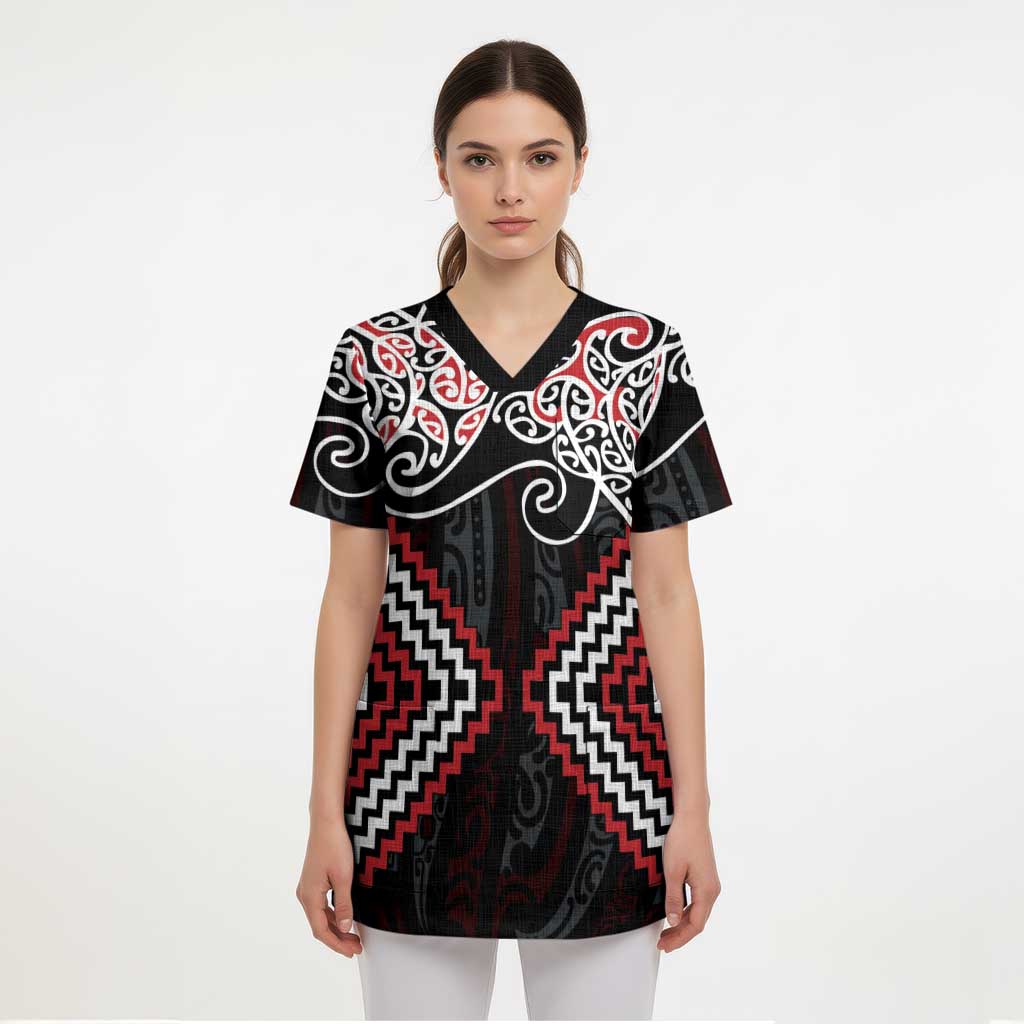 Red Aotearoa Tukutuku Manawa Tapu Scrub Top Ta Moko Toi Maori - Polynesian Pride