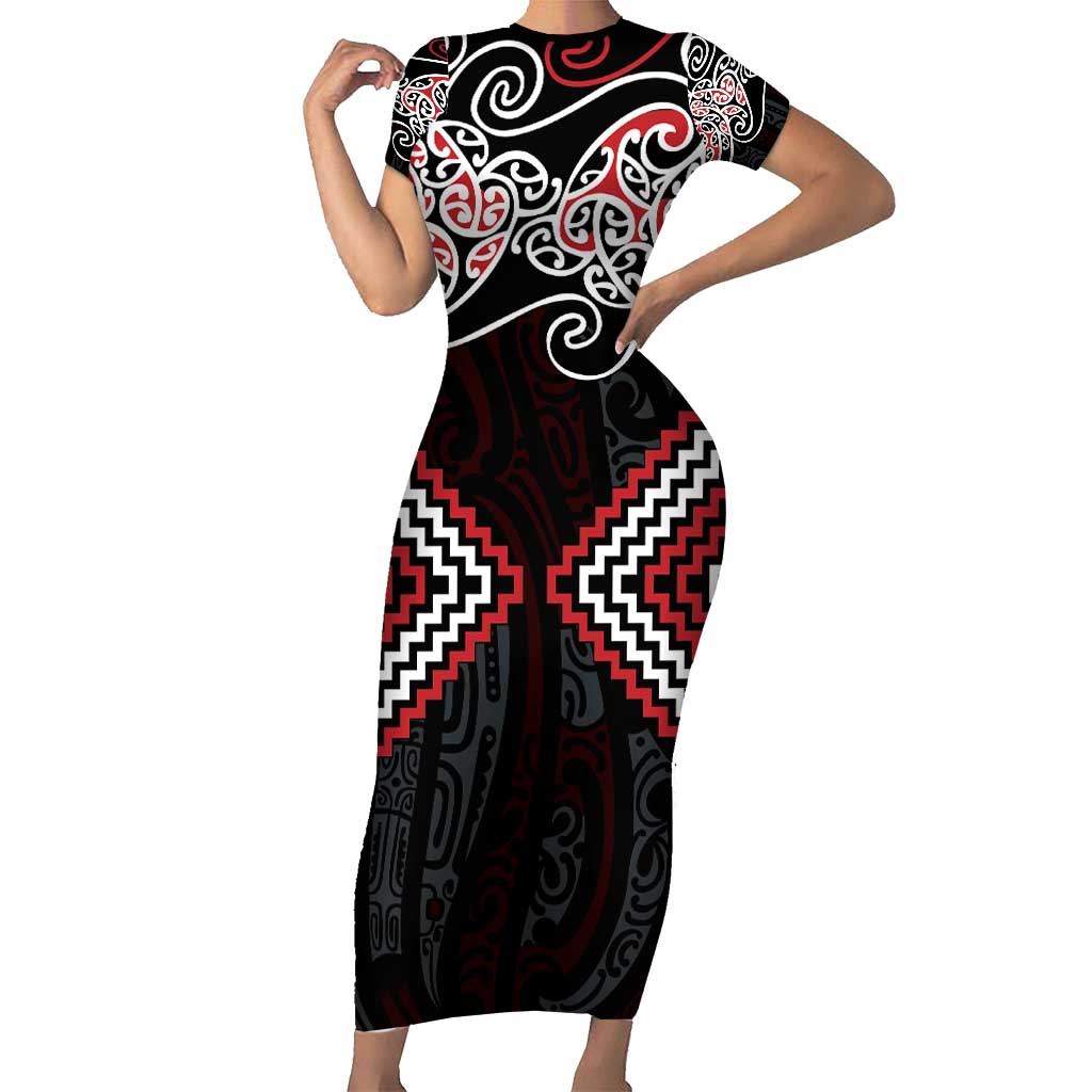 Red Aotearoa Tukutuku Manawa Tapu Short Sleeve Bodycon Dress Ta Moko Toi Maori