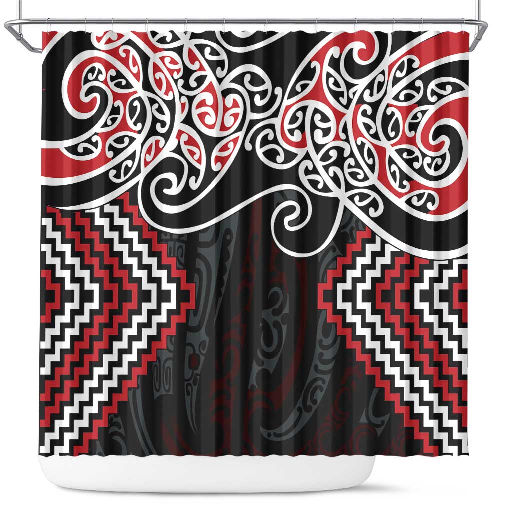 Red Aotearoa Tukutuku Manawa Tapu Shower Curtain Ta Moko Toi Maori