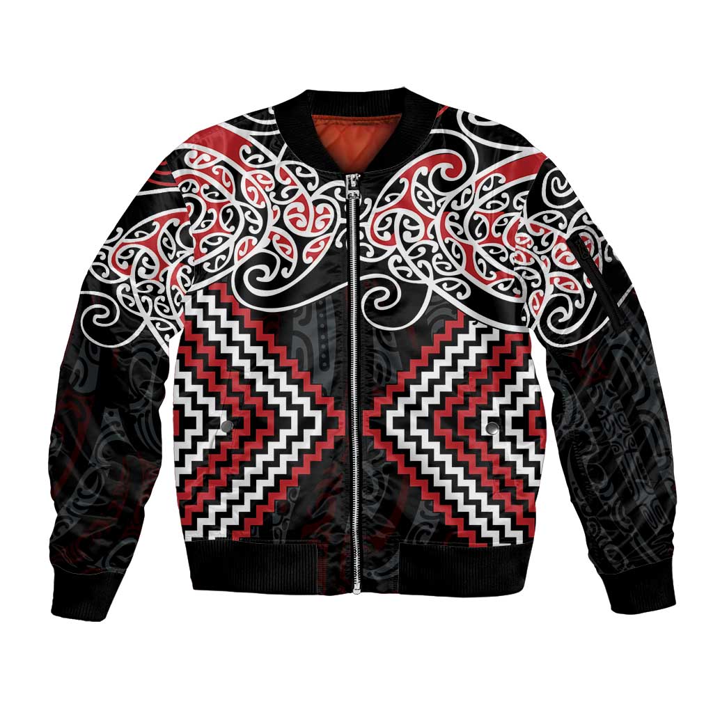 Red Aotearoa Tukutuku Manawa Tapu Sleeve Zip Bomber Jacket Ta Moko Toi Maori