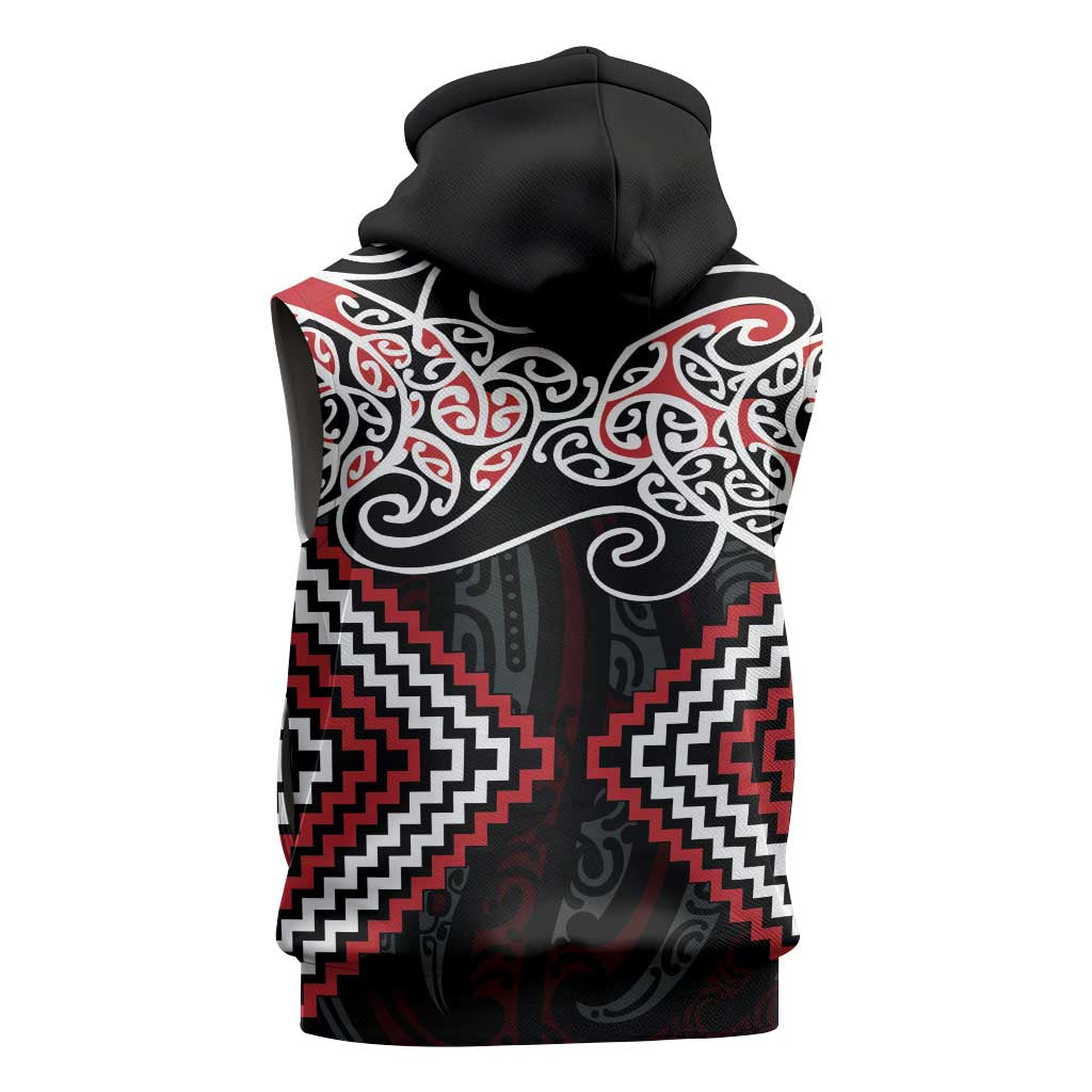 Red Aotearoa Tukutuku Manawa Tapu Sleeveless Zip Hoodie Ta Moko Toi Maori - Polynesian Pride