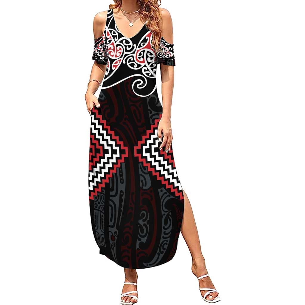 Red Aotearoa Tukutuku Manawa Tapu Summer Maxi Dress Ta Moko Toi Maori