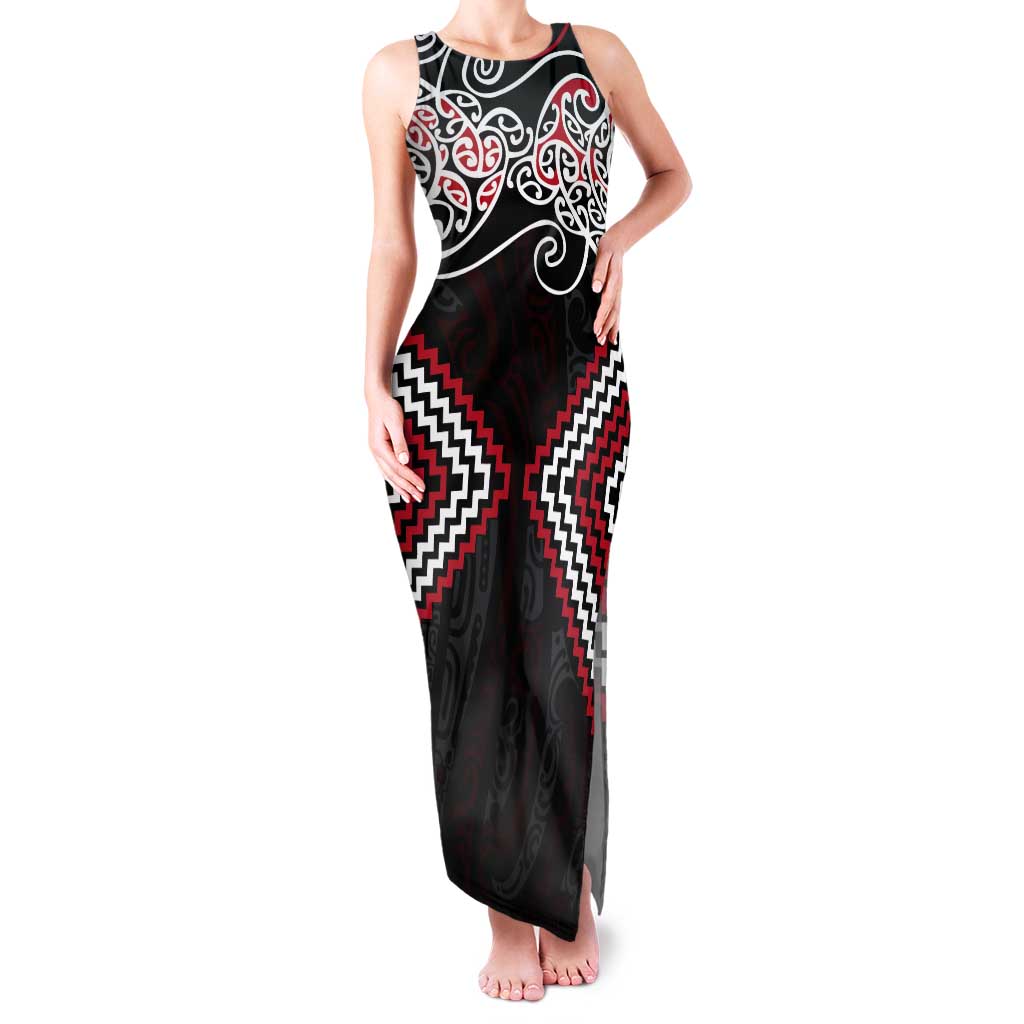 Red Aotearoa Tukutuku Manawa Tapu Tank Maxi Dress Ta Moko Toi Maori