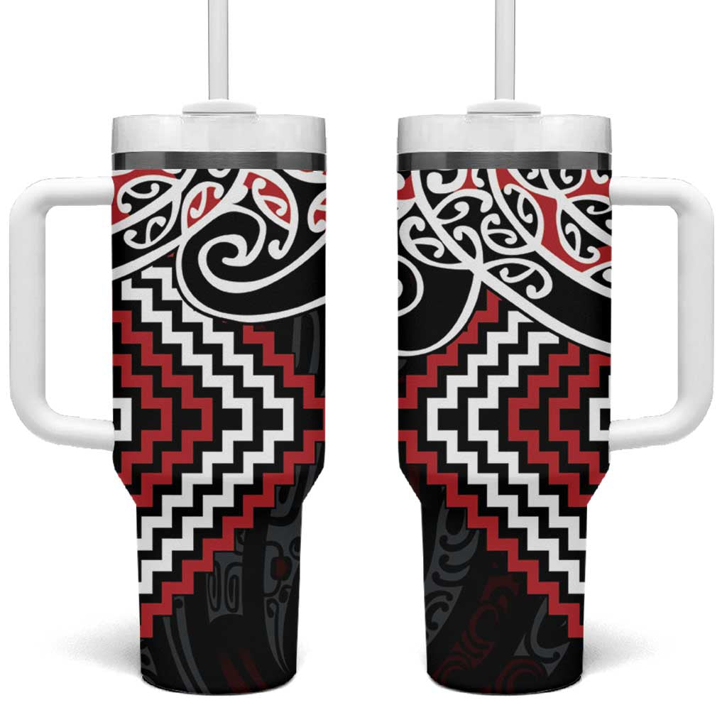 Red Aotearoa Tukutuku Manawa Tapu Tumbler With Handle Ta Moko Toi Maori