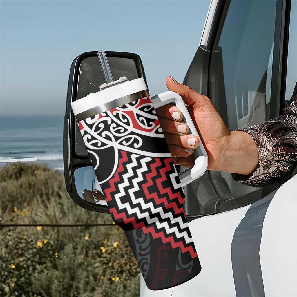 Red Aotearoa Tukutuku Manawa Tapu Tumbler With Handle Ta Moko Toi Maori