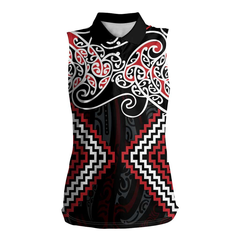 Red Aotearoa Tukutuku Manawa Tapu Women Sleeveless Polo Shirt Ta Moko Toi Maori