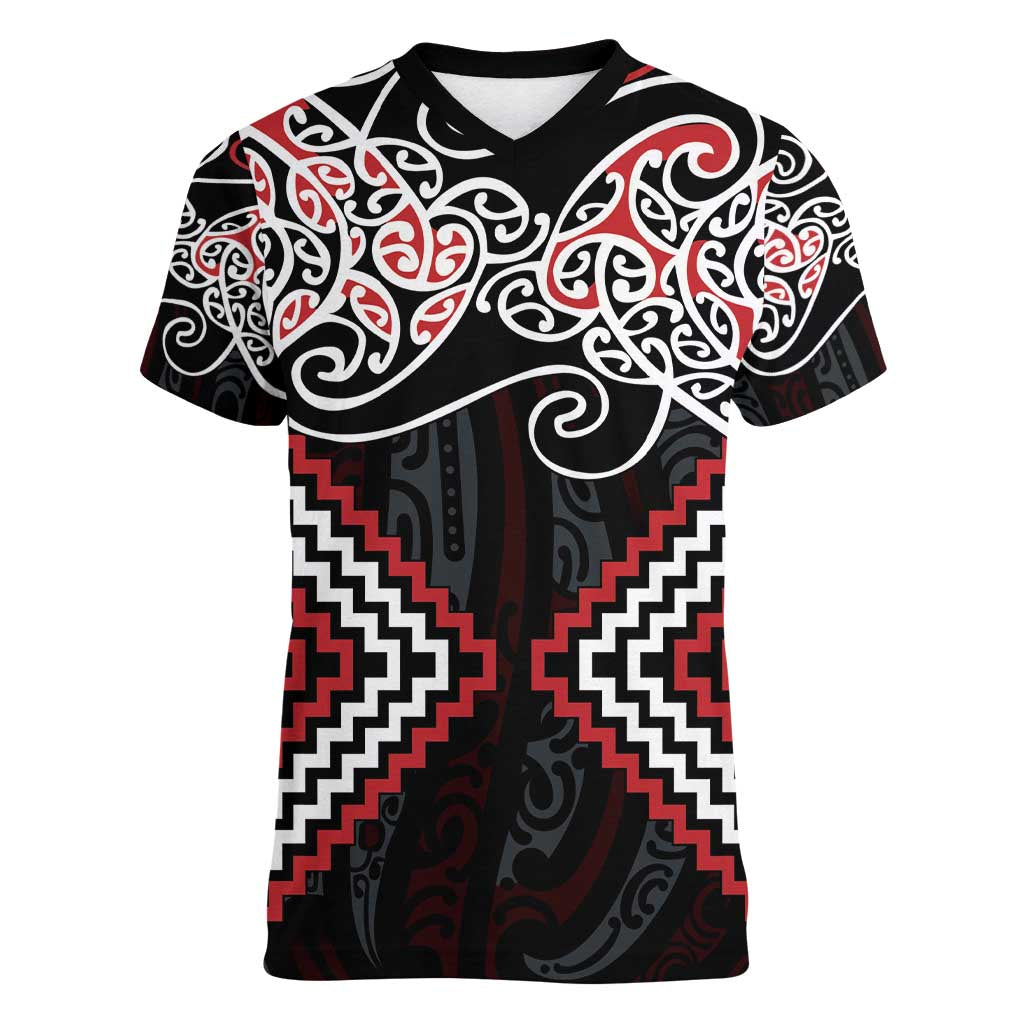 Red Aotearoa Tukutuku Manawa Tapu Women V-Neck T-Shirt Ta Moko Toi Maori