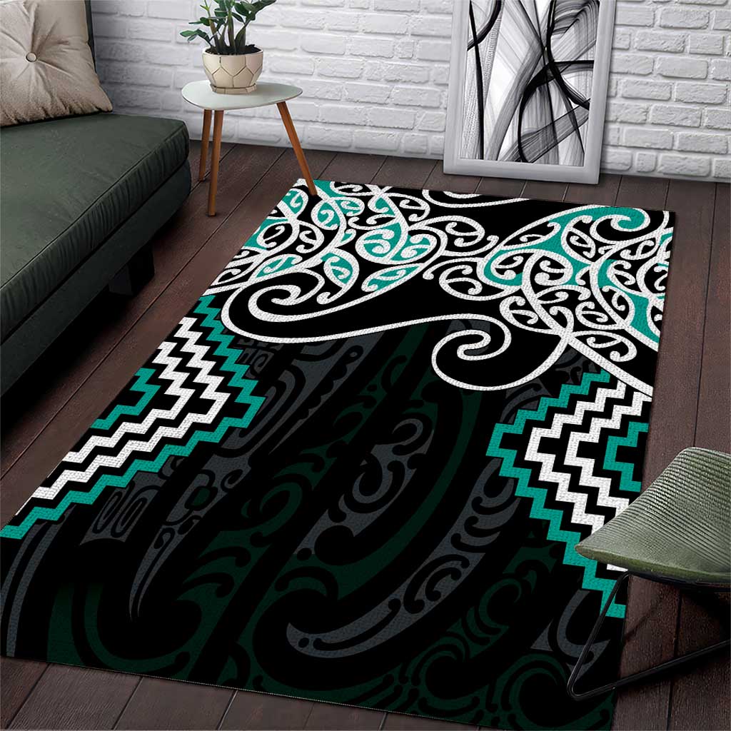 Turquoise Aotearoa Tukutuku Manawa Tapu Area Rug Ta Moko Toi Maori